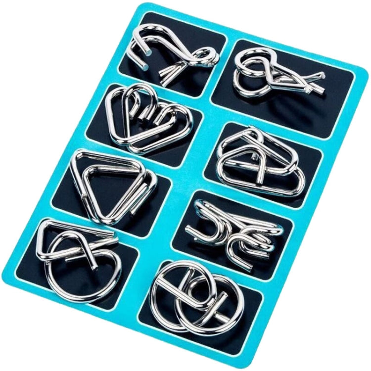 Nine-link metal puzzle set with shiny interlocking pieces on a blue card