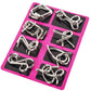 Nine-link metal puzzle set with shiny interlocking pieces on a pink card