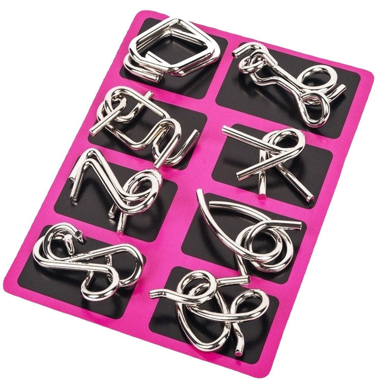 Nine-link metal puzzle set with shiny interlocking pieces on a pink card