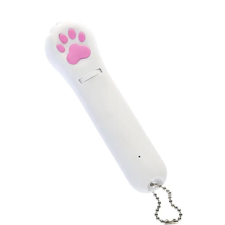 White USB rechargeable LED pet projector toy with pink paw design and chain lanyard