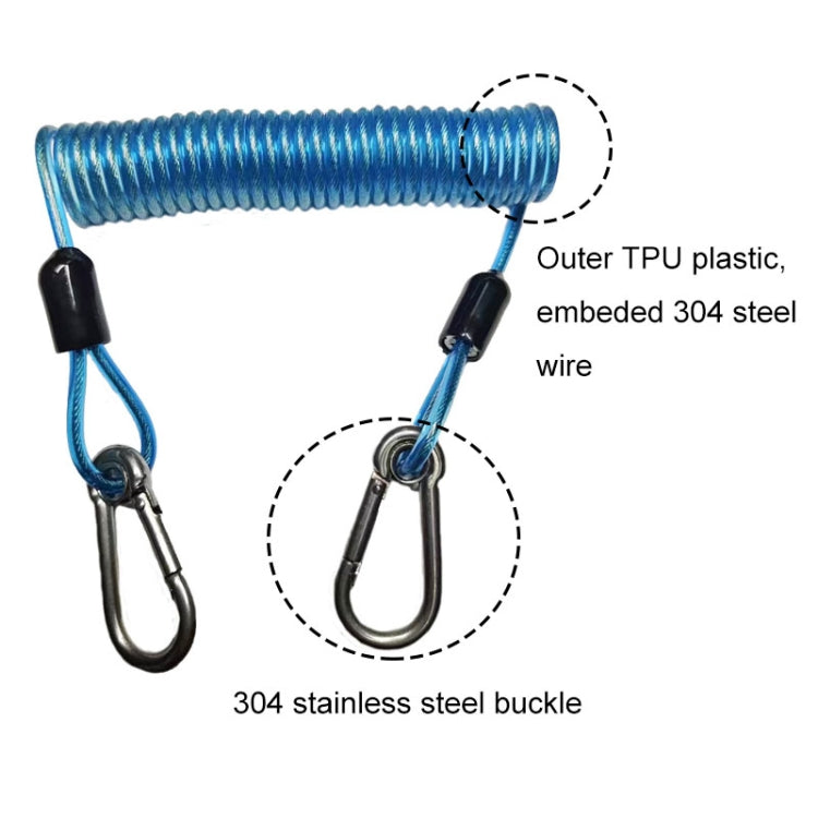 Blue coiled anti-theft strap with TPU coating and embedded 304 steel buckle, carabiners