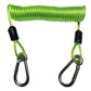 Green coiled anti-theft strap with TPU spring and stainless carabiners, dual hooks
