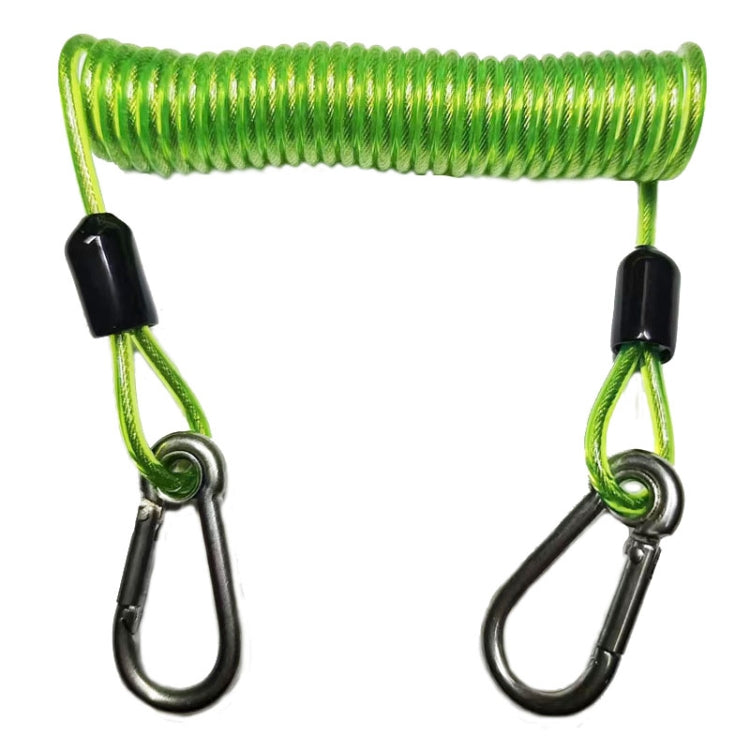 Green coiled anti-theft strap with TPU spring and stainless carabiners, dual hooks