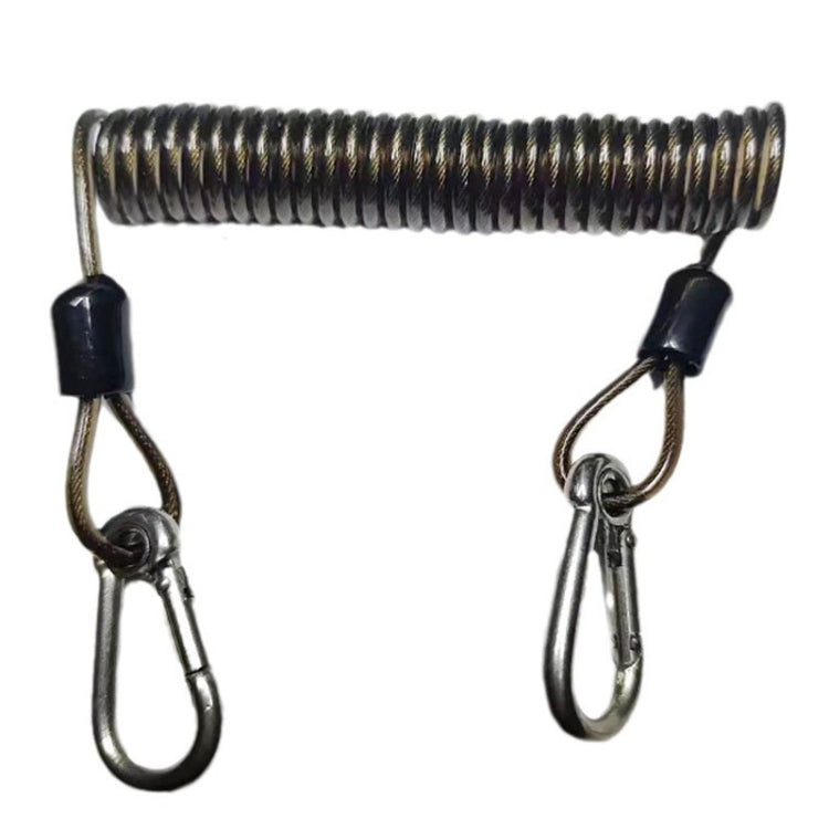 Black coiled anti-theft strap with TPU spring and stainless carabiners, dual hooks
