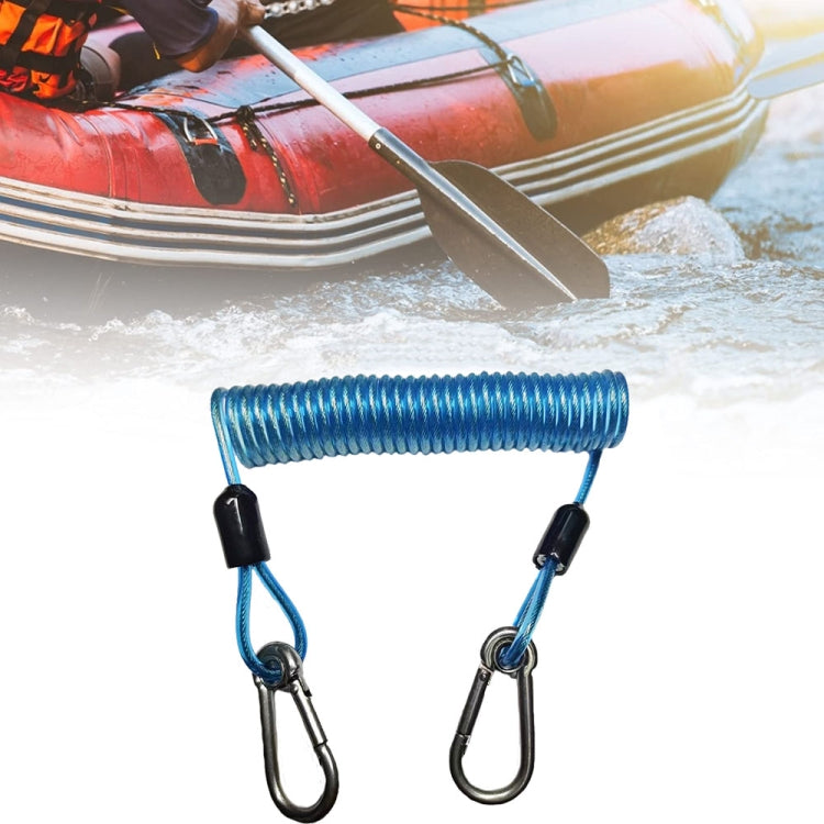 Blue coiled anti-theft strap with spring and stainless carabiner clips, dual hooks
