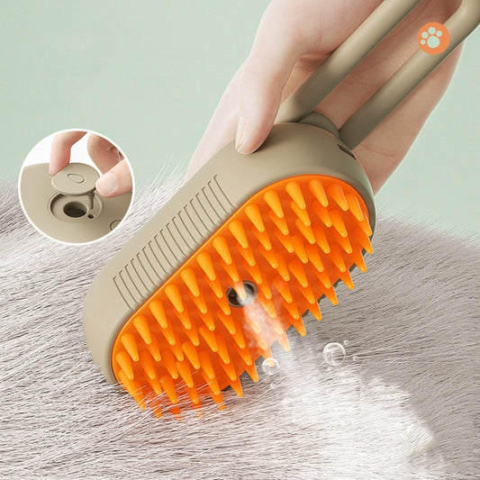 Coffee handle grooming comb with orange bristles, handheld near pet fur
