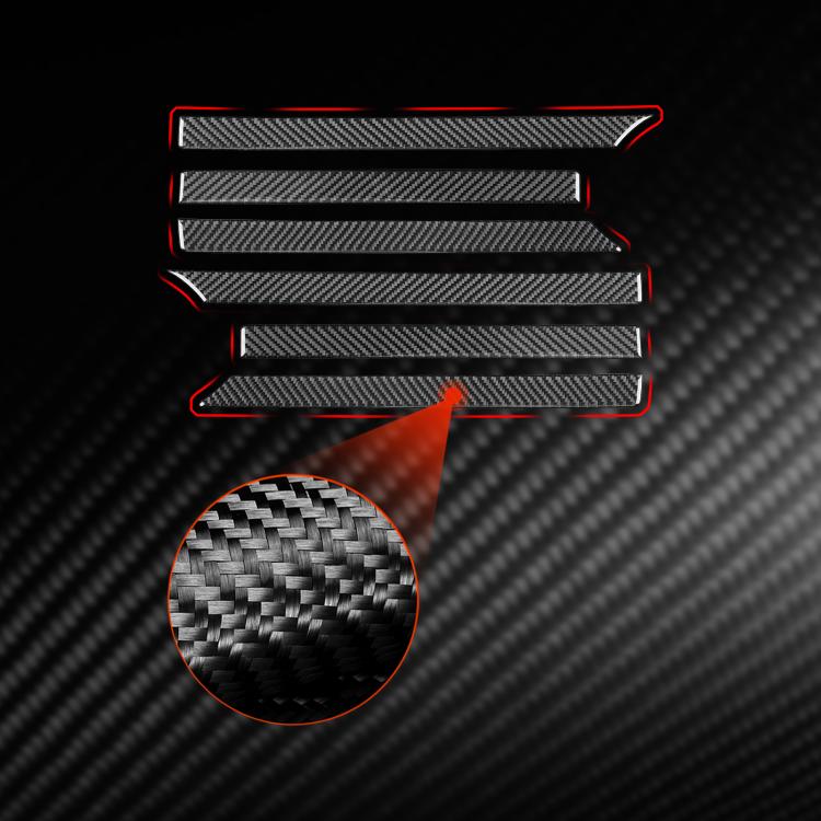 Black carbon-fiber grille sticker slat set with red trim accents and texture close-up