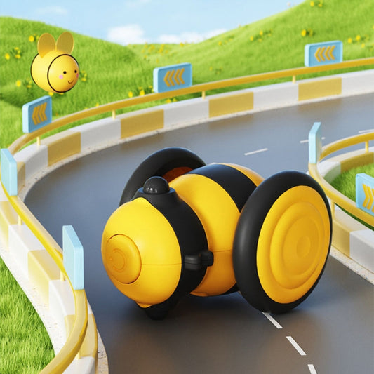 Yellow and black motorized cat teasing toy with glowing tail light and wheel feet