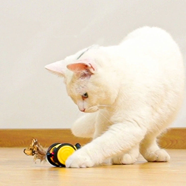White cat-shaped motorized pet toy with bee design and rolling wheels