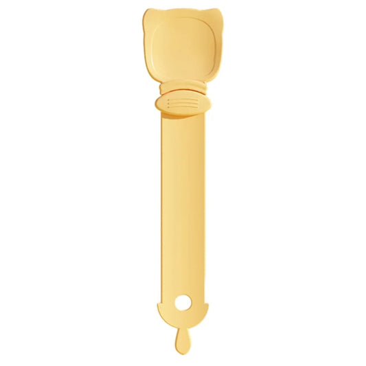 Cat feeding spoon with squeeze applicator, orange/yellow handle and hinged scoop head.