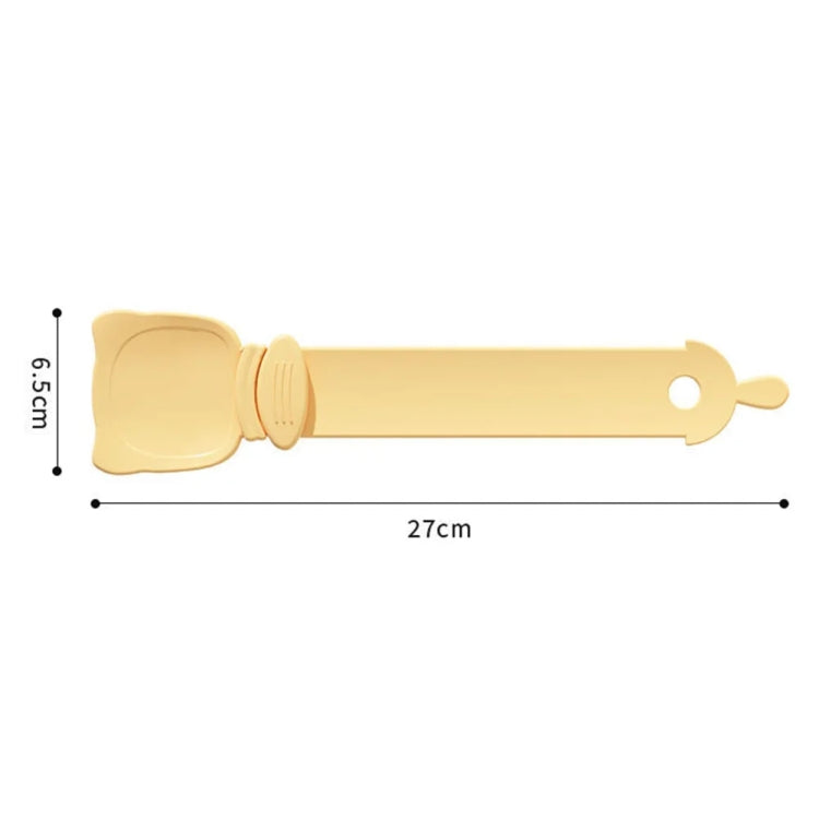 Orange cat feeding spoon with hinged scoop and long handle, shown with size 27 cm.