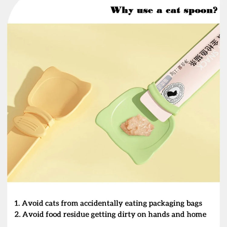 Cat feeding spoon dispensing minced cat treat from a squeeze applicator onto a green scoop.