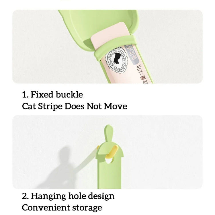 Green cat feeding spoon detail: fixed buckle and hanging hole for storage.