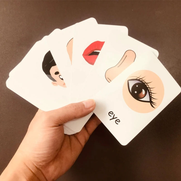 Children's word learning flashcards with face-part images, held in a hand