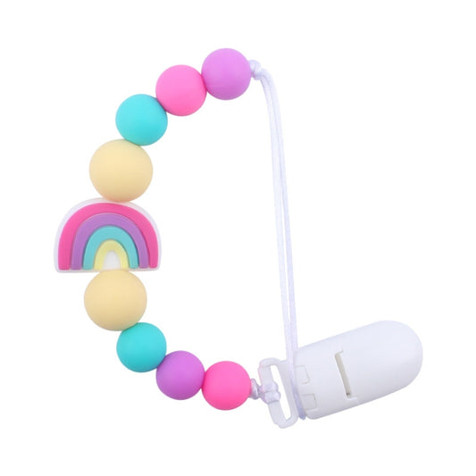 Baby pacifier clip chain with rainbow beads and pastel rainbow charm, purple pink blue accents
