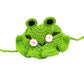 Green knitted frog hat, flat view with black eyes and pink cheeks