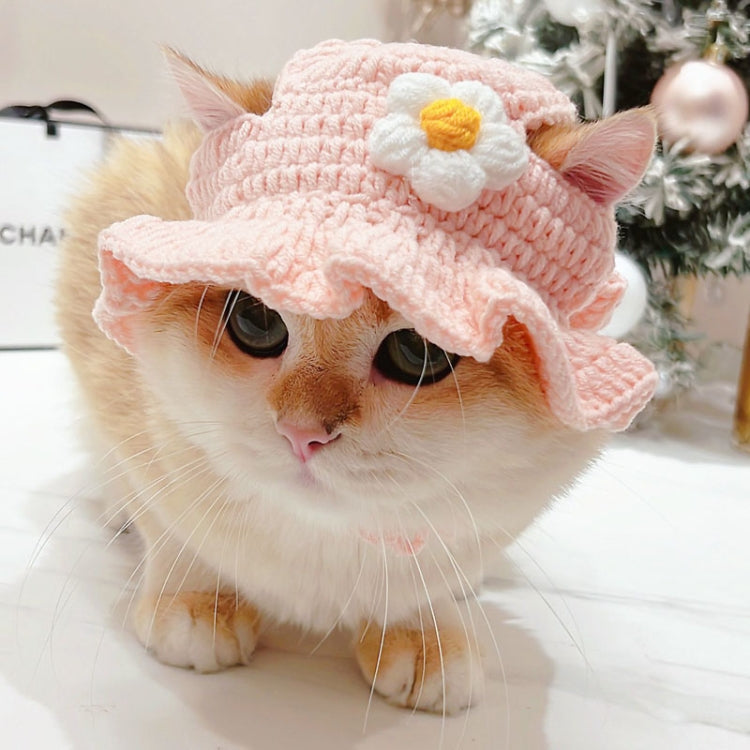 Pink knitted hat for cats and dogs, with flower top and soft pom accents