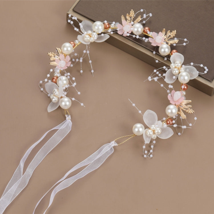 Pink and white pearl flower wreath hair band with ribbon ties