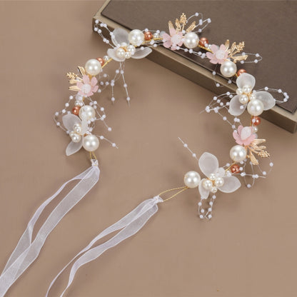Pink and white pearl flower wreath hair band with ribbon ties