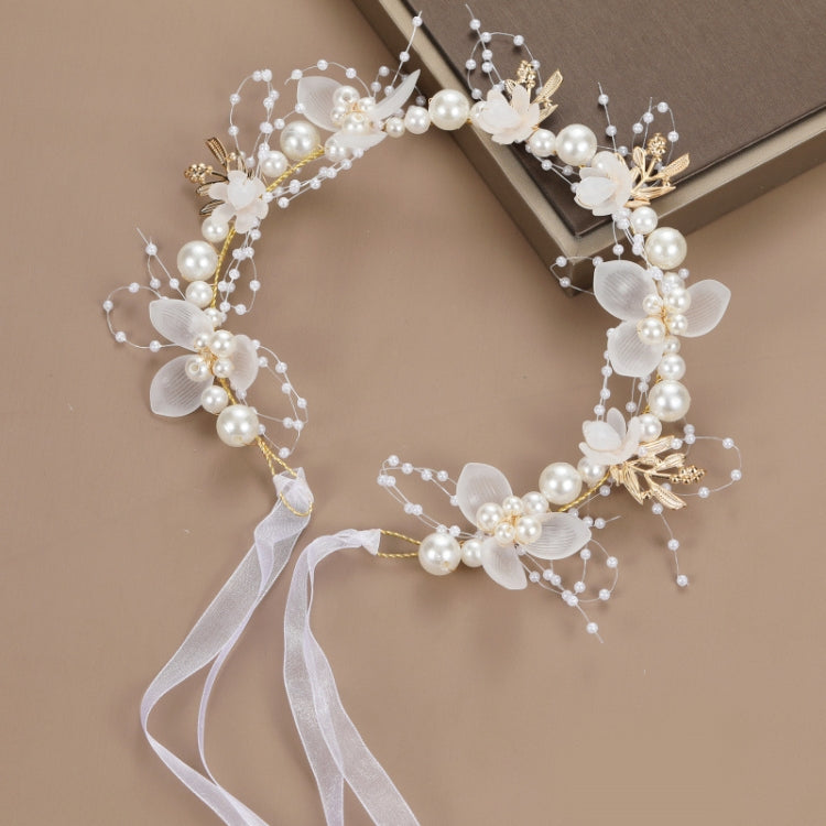 White pearl flower wreath hair band with lace ribbons and gold accents