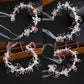 Multi-angle view of pearl and flower wreath hair band with organza ribbon