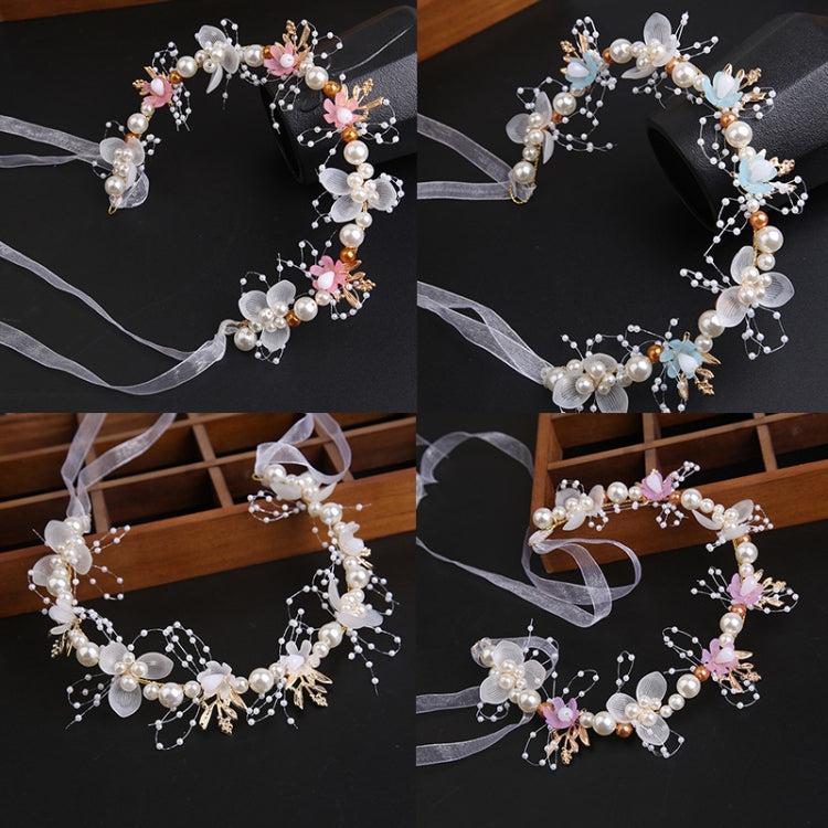 Multi-angle view of pearl and flower wreath hair band with organza ribbon