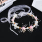 Pearl flower wreath hair band with pink blooms and gold leaf accents
