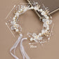 White pearl flower wreath hair band, 35 cm length, with organza ribbon ties