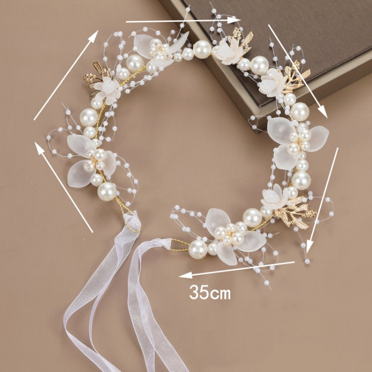 White pearl flower wreath hair band, 35 cm length, with organza ribbon ties