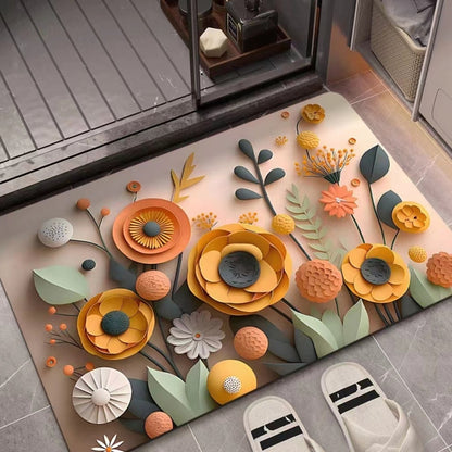 Floral diatom mud absorbent floor mat with orange, teal, and yellow layered flowers
