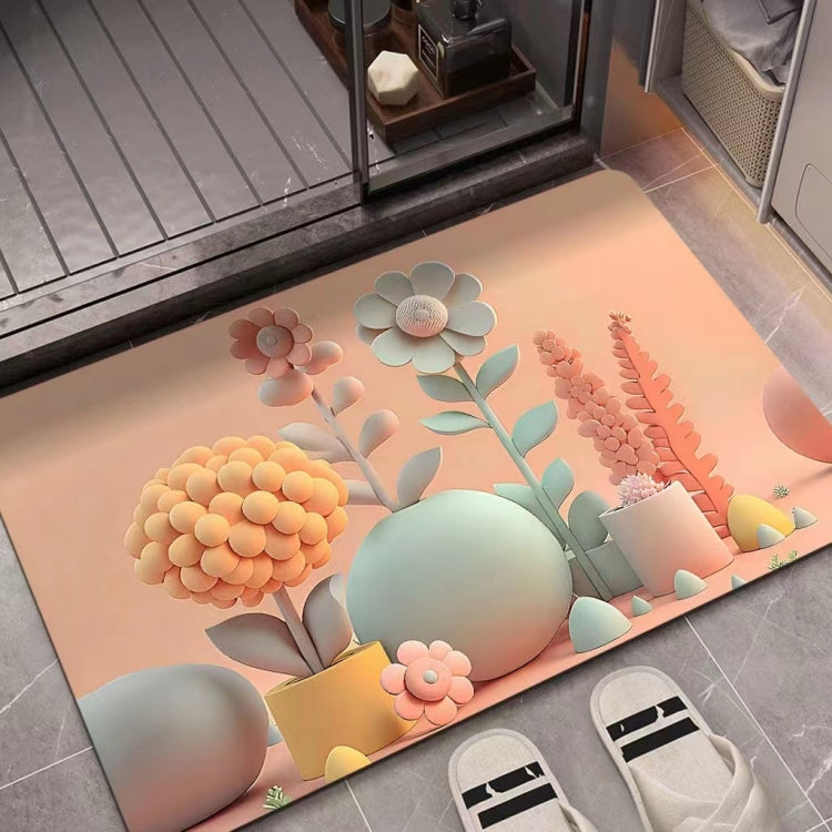 Floral diatom mud absorbent floor mat with peach background and mint flower design