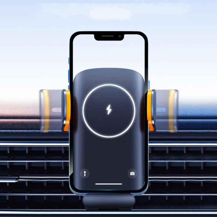 Black wireless charging phone holder mounted on car air vent with glowing ring