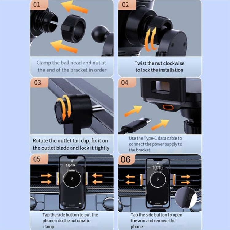 Black car air vent phone holder with adjustable clamp and rotating mounting mechanism