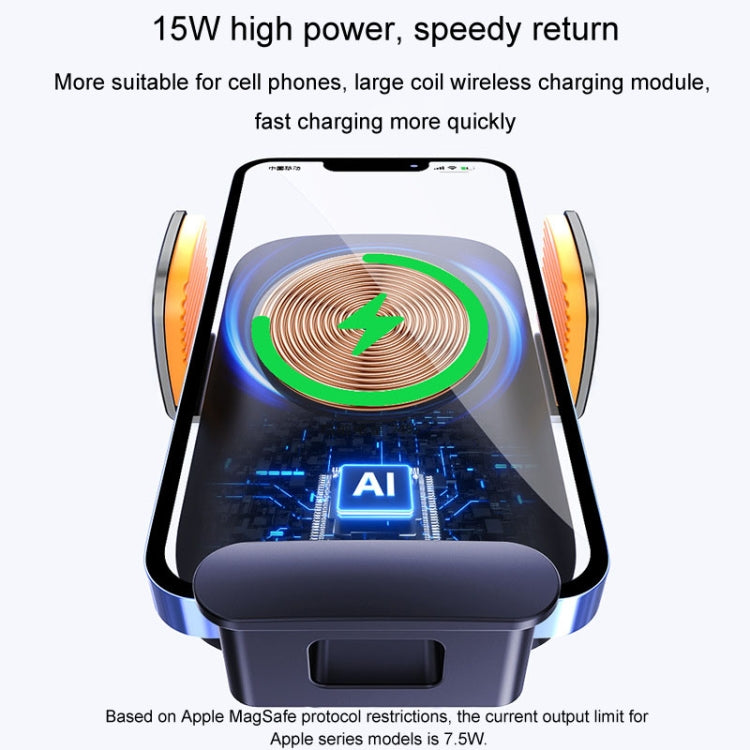 Black wireless car charger phone holder with large coil charging area and base