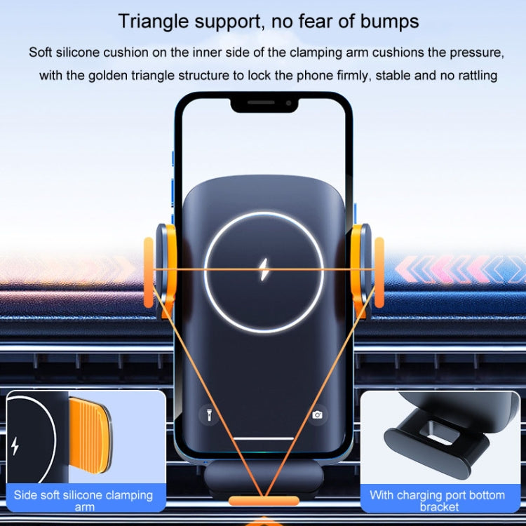 Black car air-vent wireless phone holder with side clamp arms and charging ring