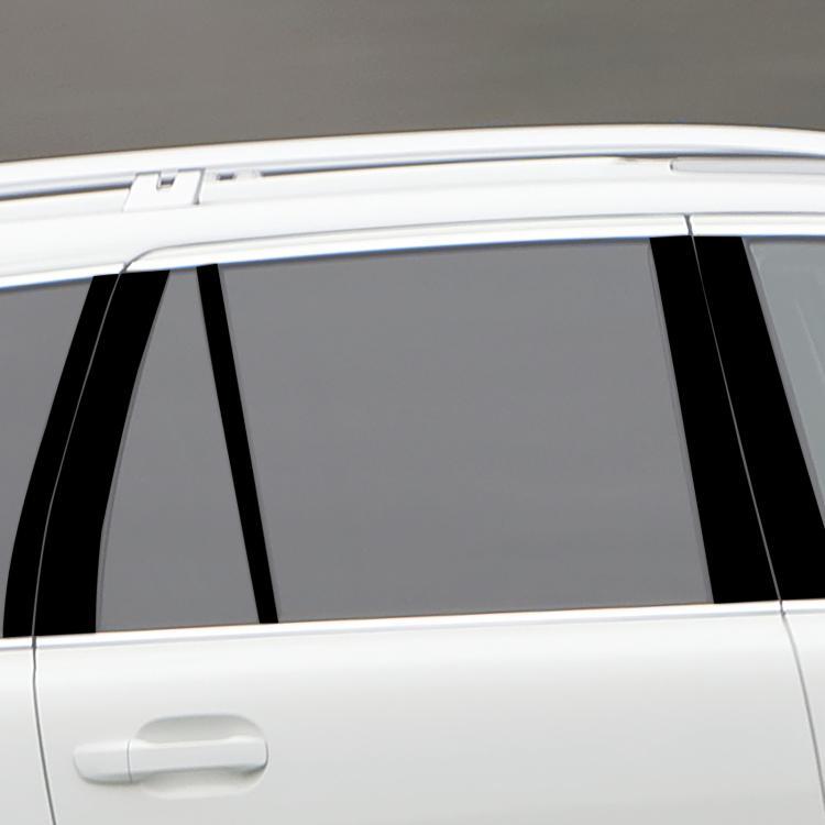Close-up of black vertical stripe B-pillar stickers on window trim