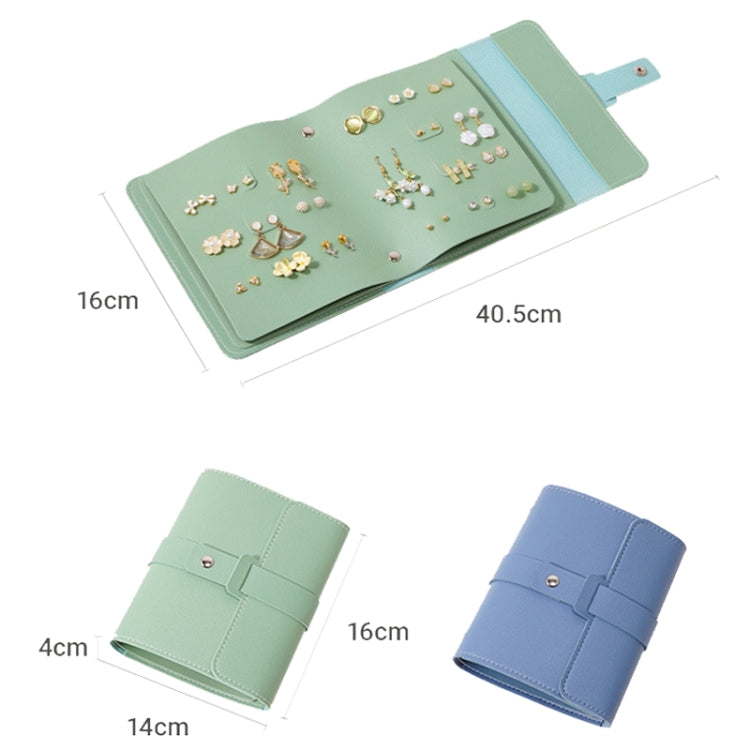 Green and blue book-shaped jewelry bags with clasp closure and earring storage panels
