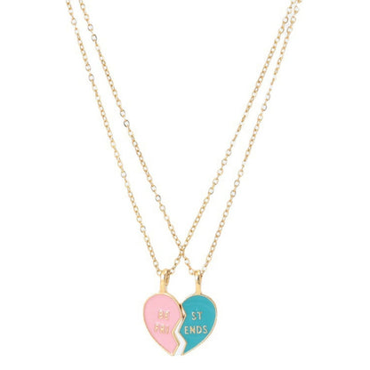 Gold-tone friendship necklace with pink and blue heart lock pendants