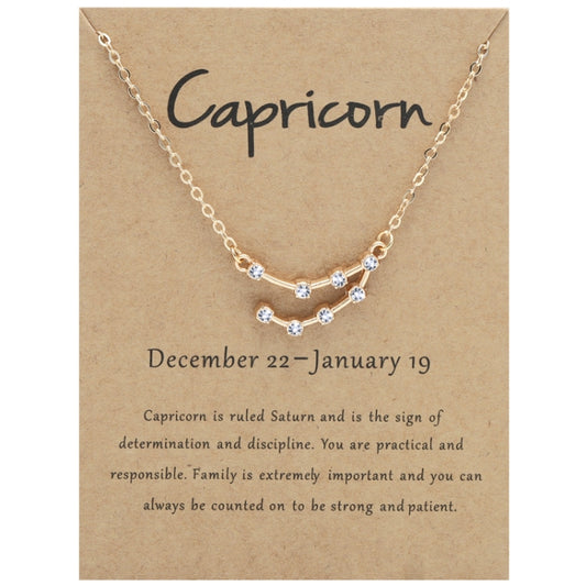 Gold-tone zodiac rhinestone necklace with Capricorn charm pendant on chain.