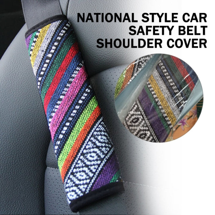 Car seat belt shoulder cover with colorful woven stripes and protective padding detail