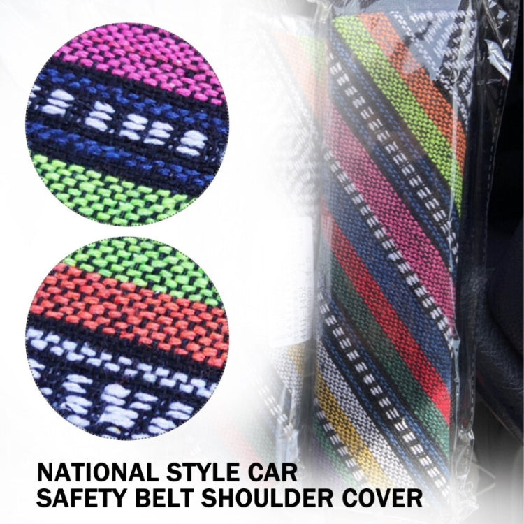 Car seat belt shoulder cover with colorful woven stripes, fabric texture close-ups