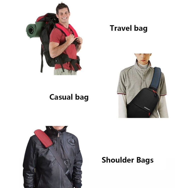 Shoulder pad strap cover shown on a bag strap in multiple views