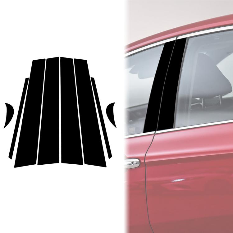 Black vertical B-pillar decorative sticker strips shown on a car side window area