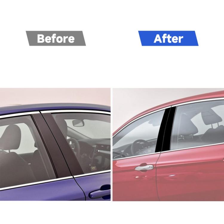 Car door with added black vertical B-pillar decorative stripe stickers on the window frame