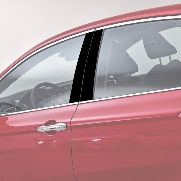 Close-up of installed black vertical B-pillar decorative stickers on car window pillar