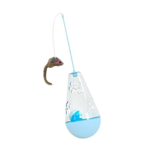 Blue cat self-feeding tumbler toy with hanging mouse lure and cord