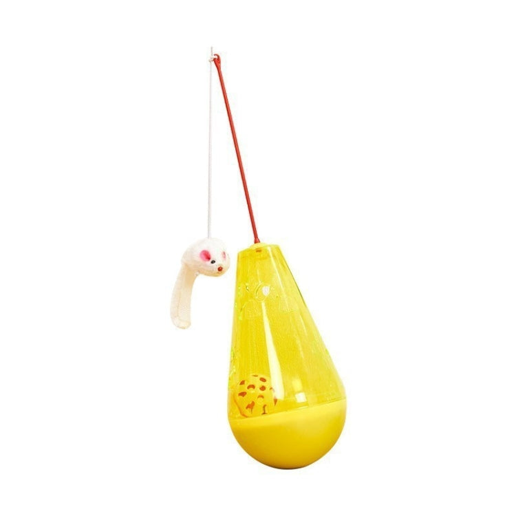Yellow cat self-feeding tumbler toy with hanging mouse lure and cord