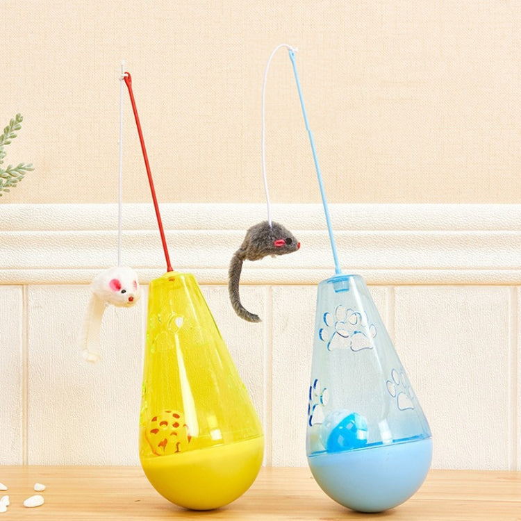 Hanging cat self-feeding tumbler toys, yellow and blue, with mouse lures and cords