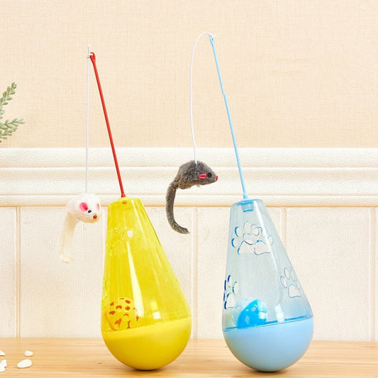Hanging cat self-feeding tumbler toys, yellow and blue, with mouse lures and cords