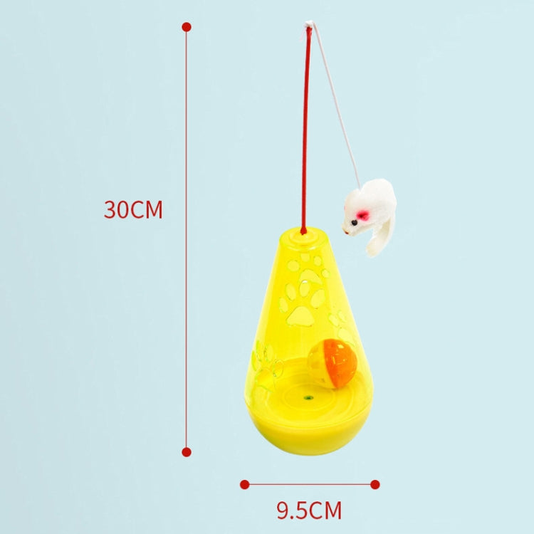 Yellow hanging cat self-feeding tumbler toy with white mouse lure and cord
